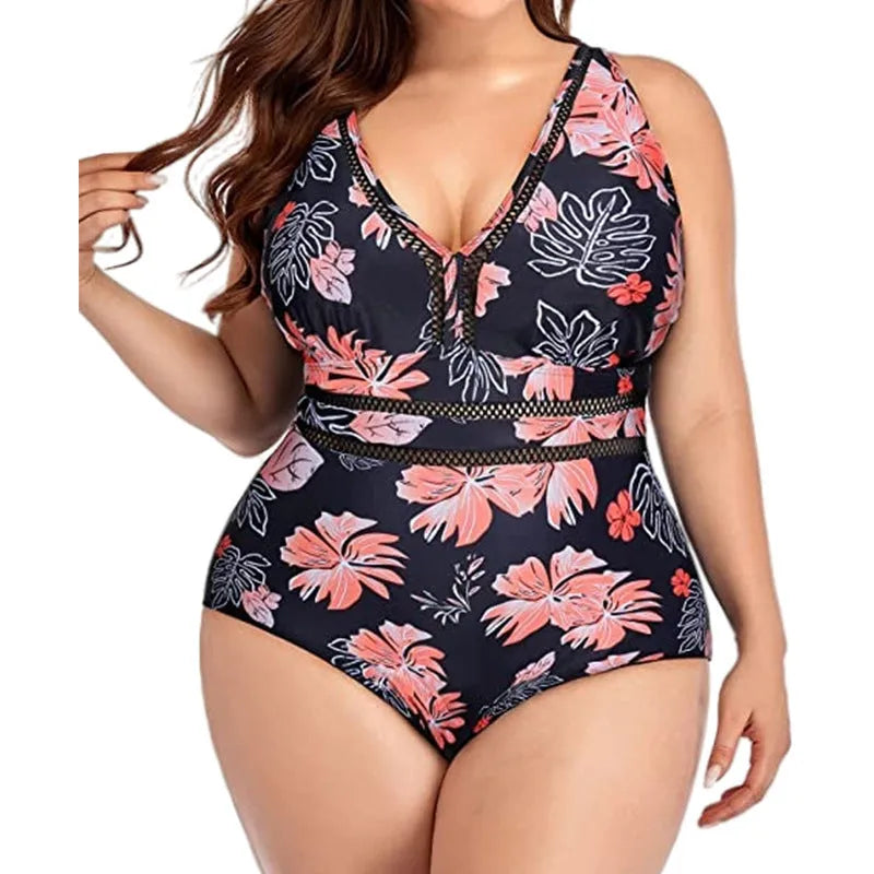 Black plus size bikini swimsuit with print design for women, shown on a hanger.