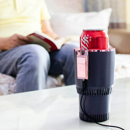 Black 12V car heating and cooling cup with digital display in a vehicle cup holder.
