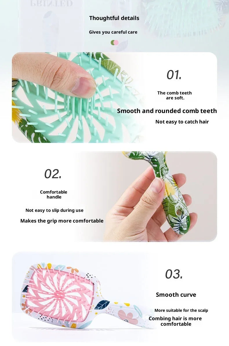 Hollow massage comb in pink or green, over 20cm, ABS with TPU water sticker, boxed