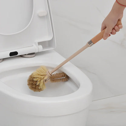 Wooden handle toilet brush with 360-degree bristle coverage for complete toilet cleaning