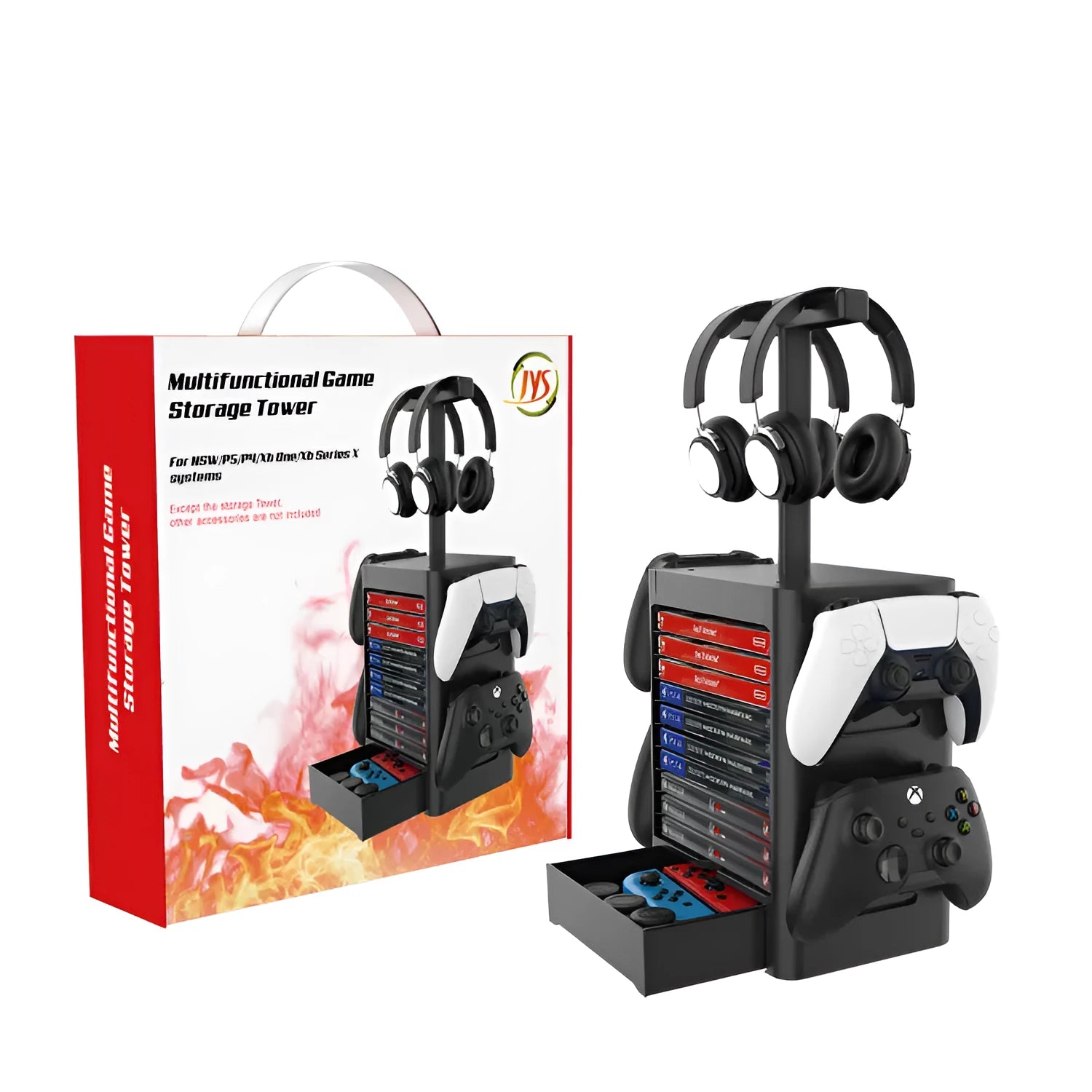 Black ABS gaming storage rack holding vertical game cases, a headset on top, controllers on side hooks, and a pull-out drawer open.