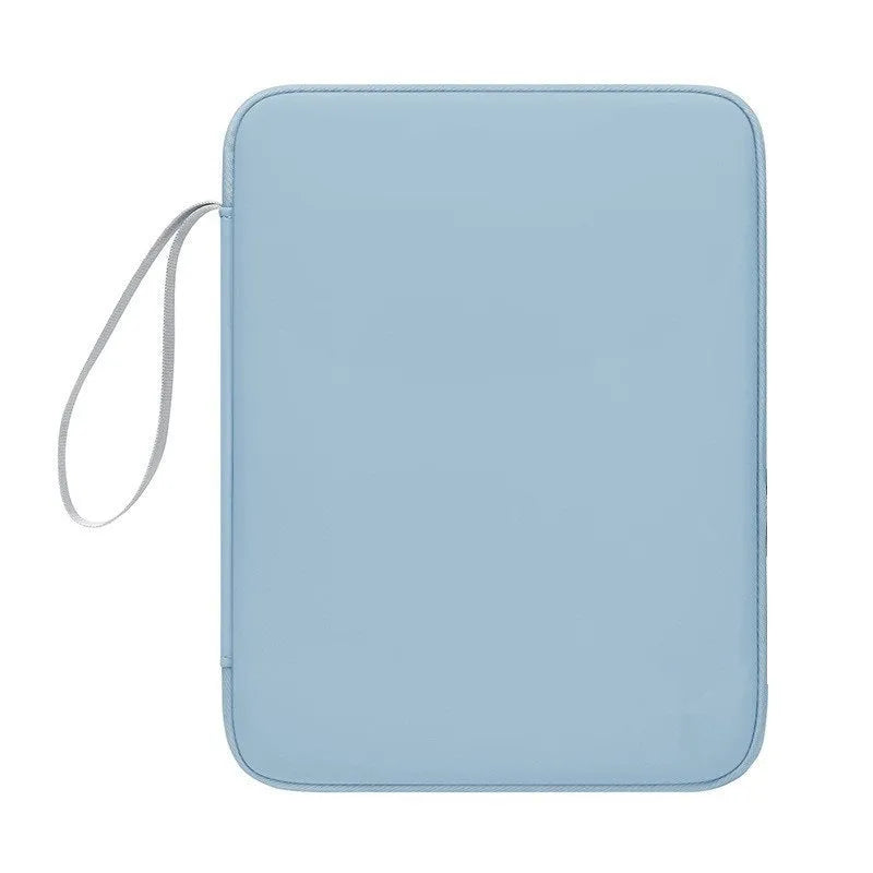 Imitation leather tablet protective case with handle in black colour showing fabric interior