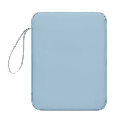 Imitation leather tablet protective case with handle in black colour showing fabric interior