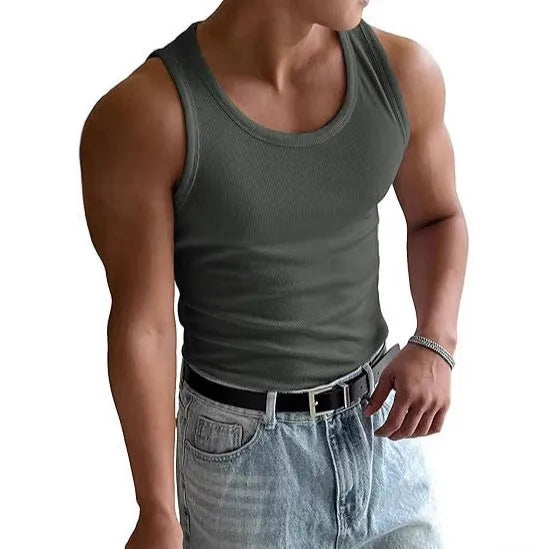 Men's tight-fitting grey sports t-shirt with a round neck, shown flat.