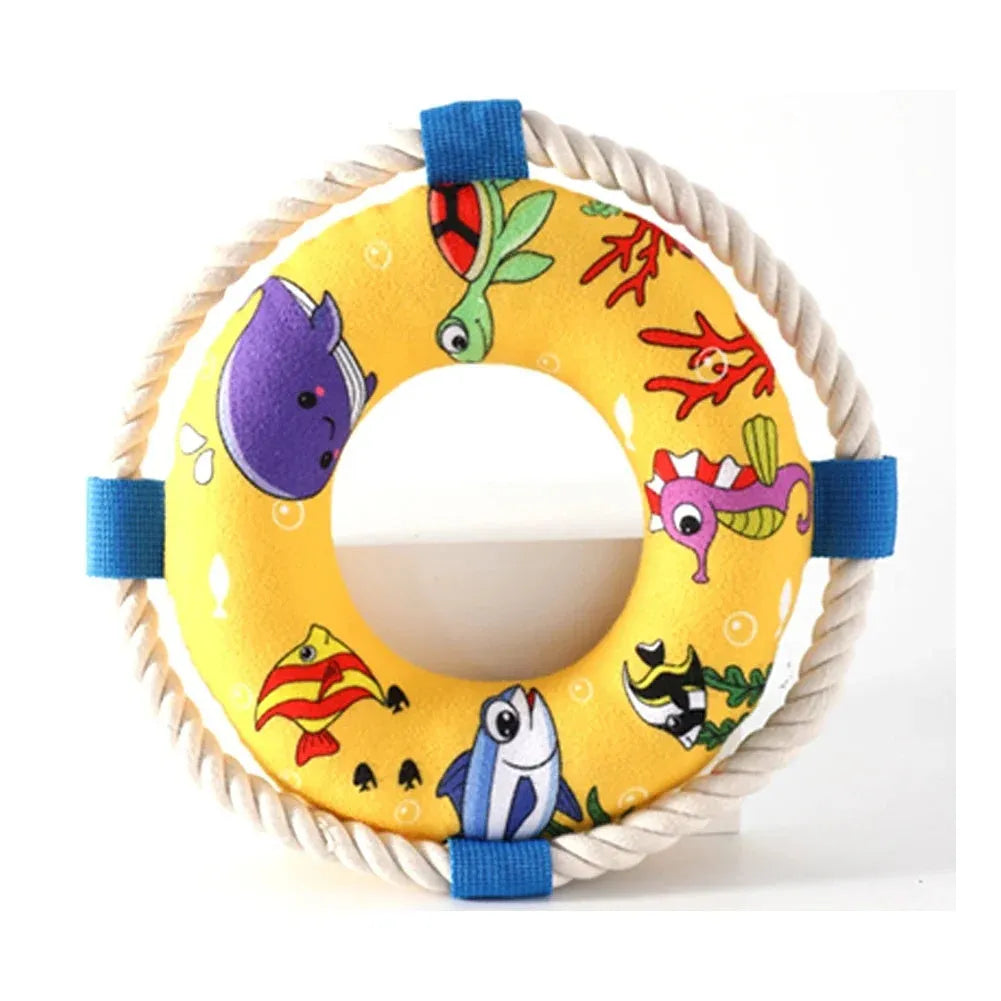 Soft plush dog pull ring toy with squeaker in yellow fish pattern