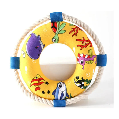 Soft plush dog pull ring toy with squeaker in yellow fish pattern