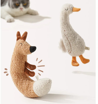 Cartoon fox and duckling pet chew toys made from teddy velvet fabric with sound paper components