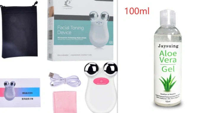 Micro current beauty instrument in orange and white colours showing facial treatment application