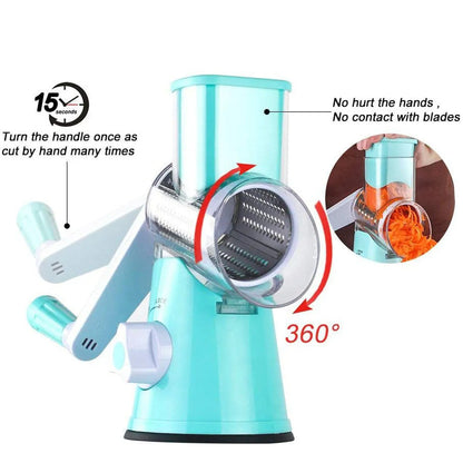Blue multifunctional round mandoline vegetable slicer and cheese grater with stainless steel blades on a kitchen counter.