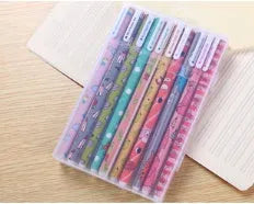 10 pack coloured gel pens in black and colourful options with animal, cat, class, flower, and forest styles for school and office stationery