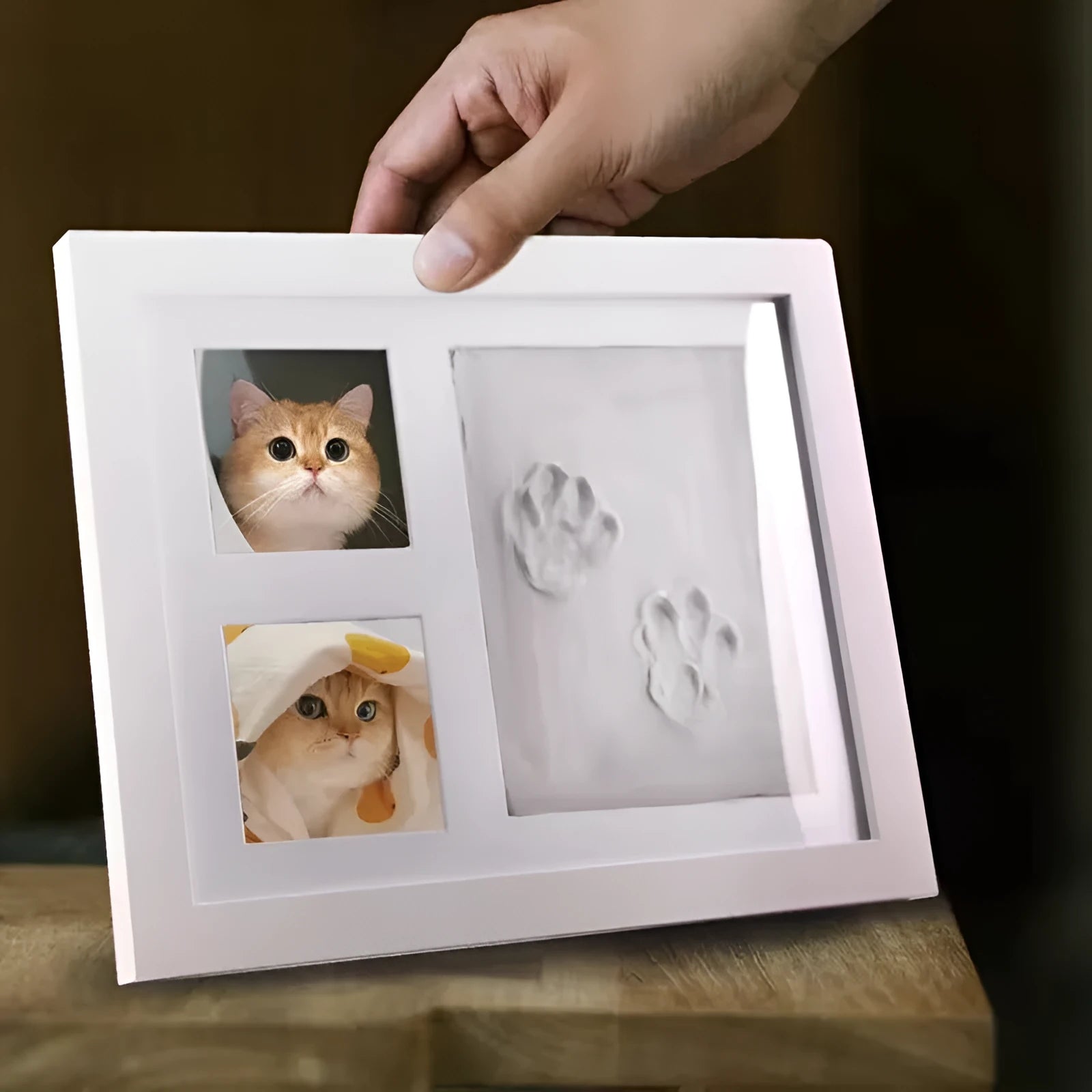 DIY pet memorial photo frame set for creating paw print keepsakes in black or white.