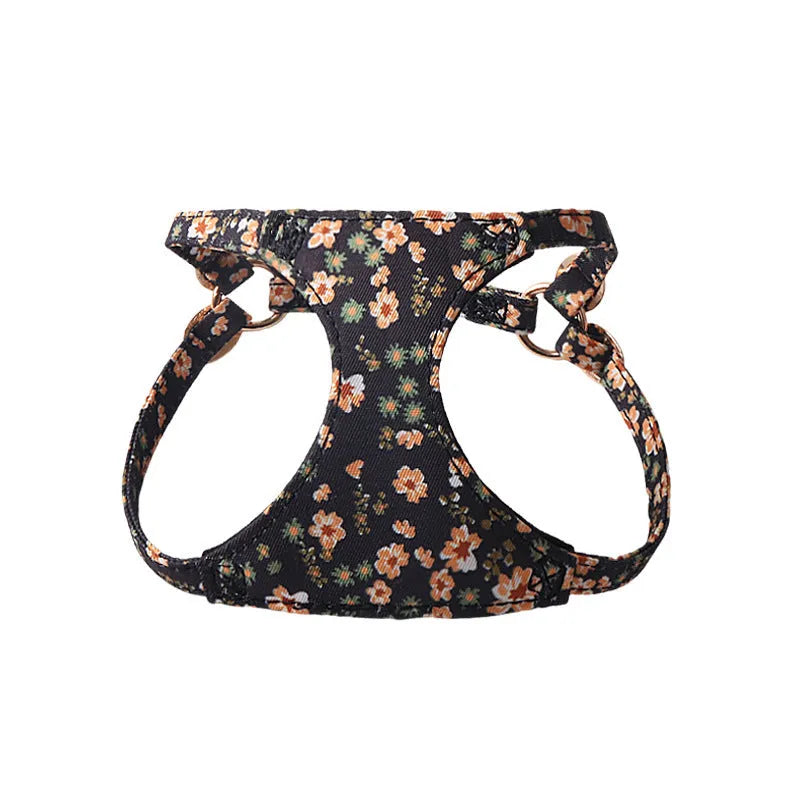 Orange cloth dog harness and leash set from the floral series, showing the single chest back design.