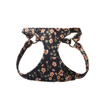 Orange cloth dog harness and leash set from the floral series, showing the single chest back design.