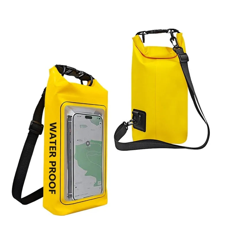 A waterproof crossbody bag in various colours, suitable for carrying a mobile phone outdoors.