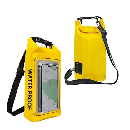 A waterproof crossbody bag in various colours, suitable for carrying a mobile phone outdoors.