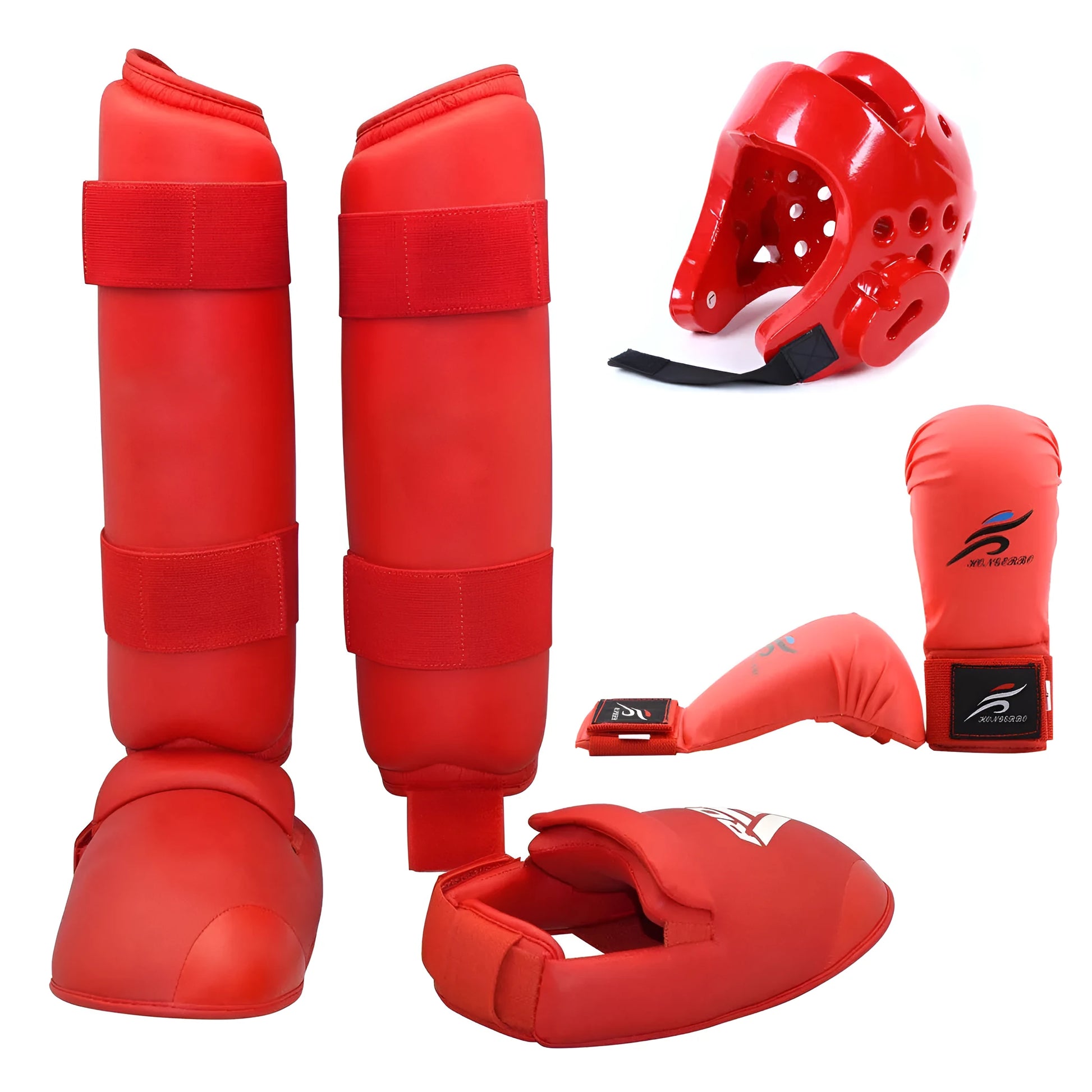 Red and blue karate taekwondo protective gear set with leg guards, helmet, and boxing gloves.