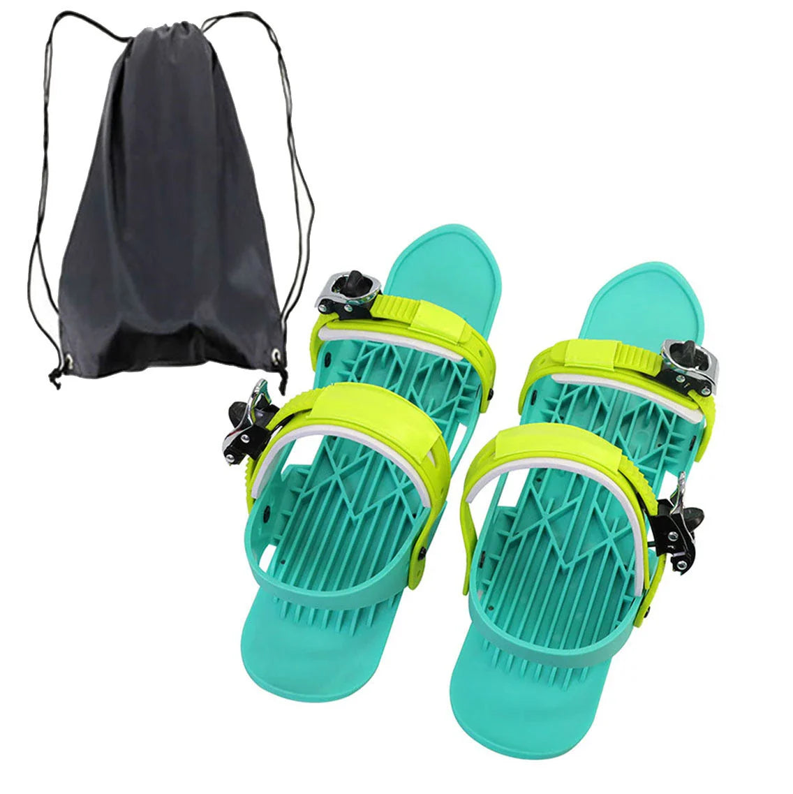 Adjustable snowshoeing mini skates with durable nylon soles, reinforced TPU laces, and customizable metal buckles for a secure fit across a wide range of shoe sizes