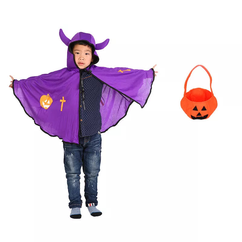 Children's Halloween costume in knitted polyester fabric, available in red, yellow, black, and purple