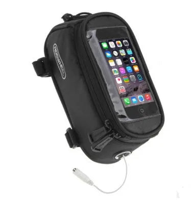 ROSWHEEL bicycle frame bag holder compatible with iPhone models, offering a secure storage solution with three size options (S: 16x8.5x7.5cm, M: 18.5x8.5x8.5cm, L: 19.5x10x9cm) in seven colour choices including black, blue, and red.