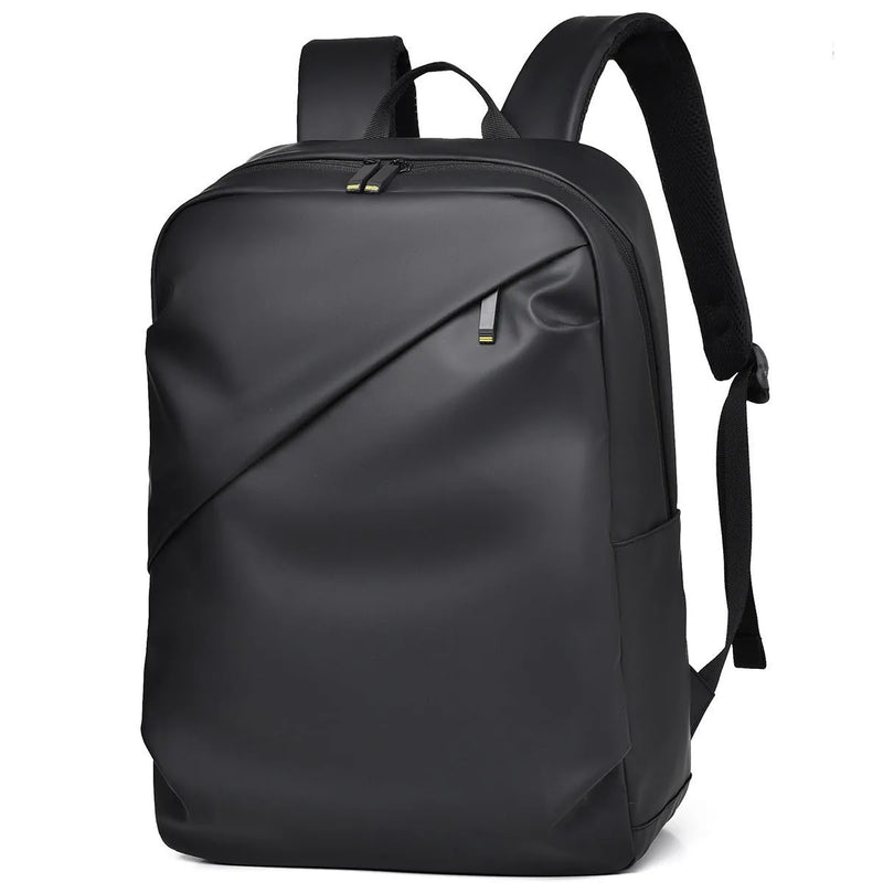 Large capacity backpack waterproof simple design unisex laptop bag with PU material and sewing thread details available in black blue grey colours for daily use or travel