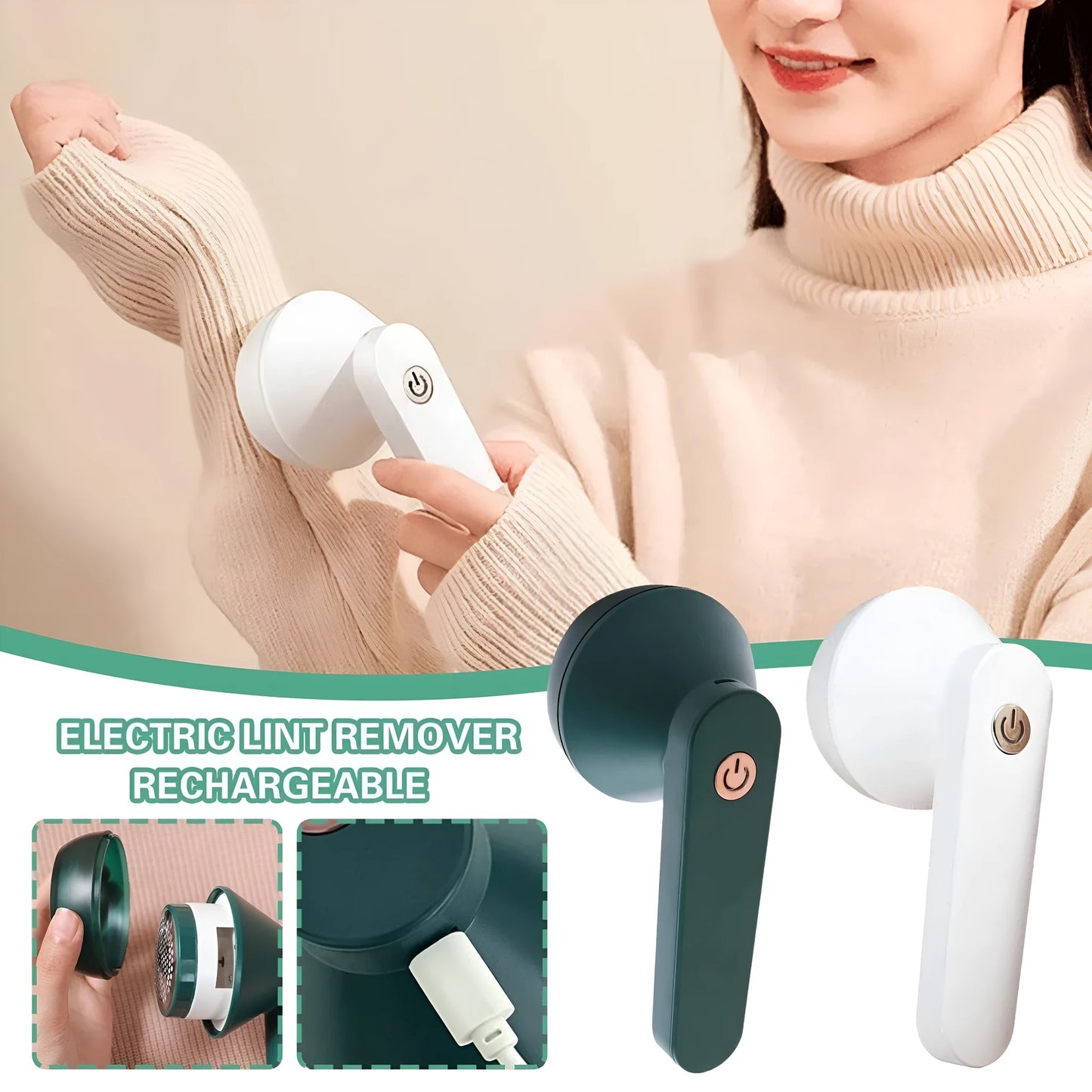 White or green USB rechargeable electric lint remover with removable lint collector and stainless steel blade