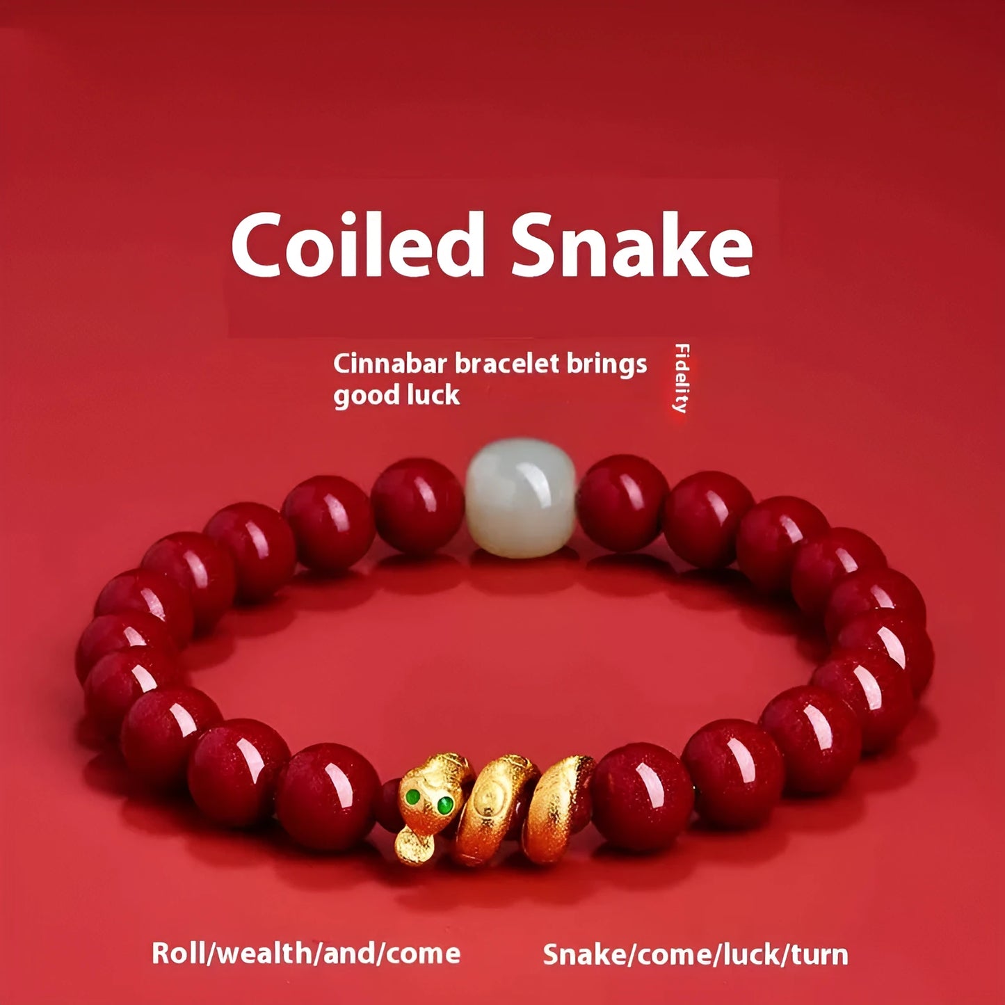 Handmade Chinese zodiac snake bracelet with genuine cinnabar beads in traditional design