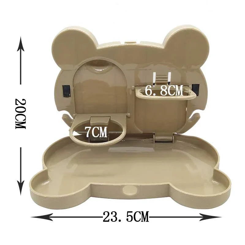 Adjustable car seat tray with spacious surface, side hooks, and compact design for in-vehicle use