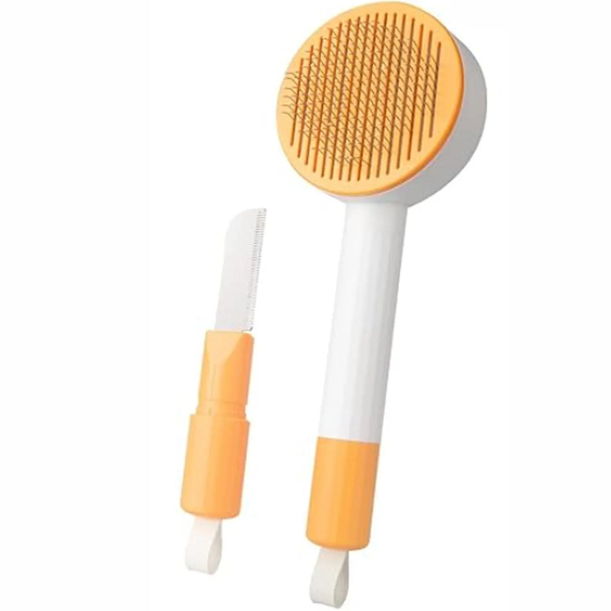 Green and yellow pet grooming brush with stainless steel needles measuring 17.5x8cm