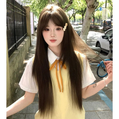 Long straight full-head synthetic wig in brown shades for skin treatment coverage