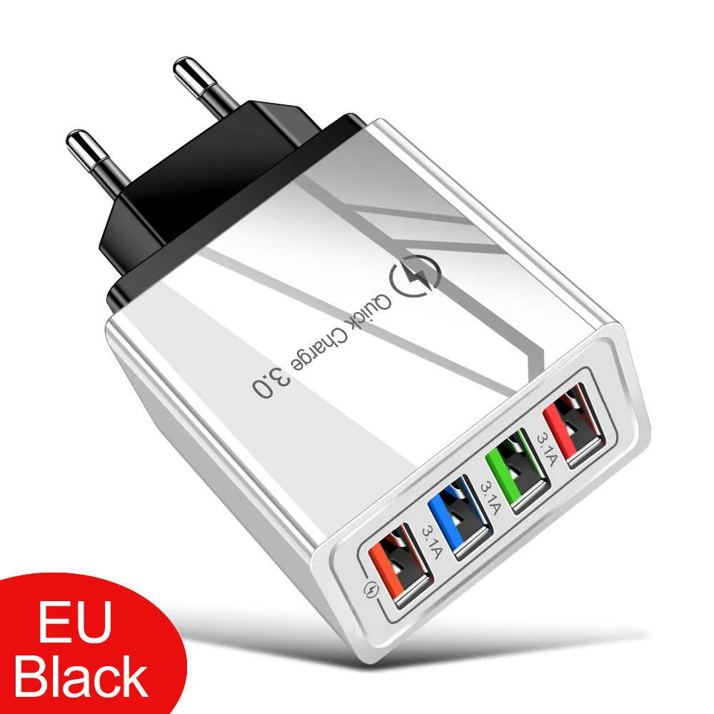 Four-port USB mobile phone charging head with luminous indicator in multiple colour options