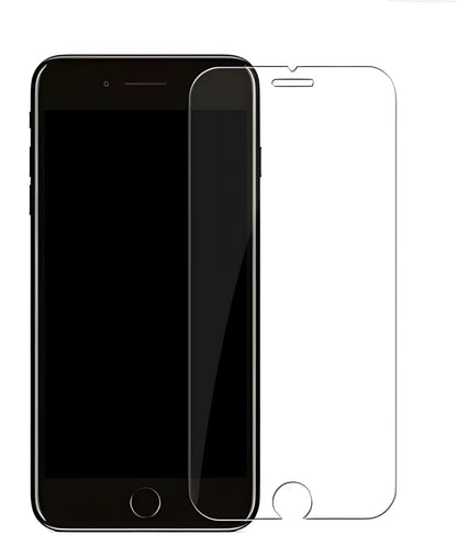 Clear tempered glass screen protector for iPhone 7 and iPhone 8 on a white background.