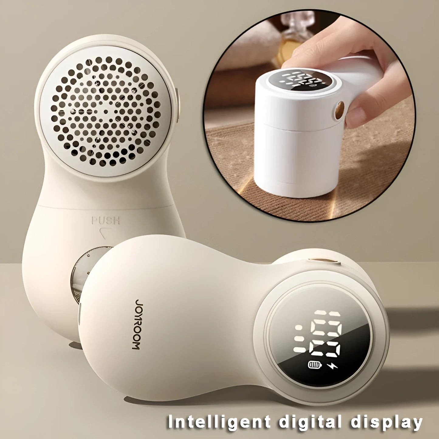 White electric lint remover with digital display showing six stainless steel blades and USB charging port