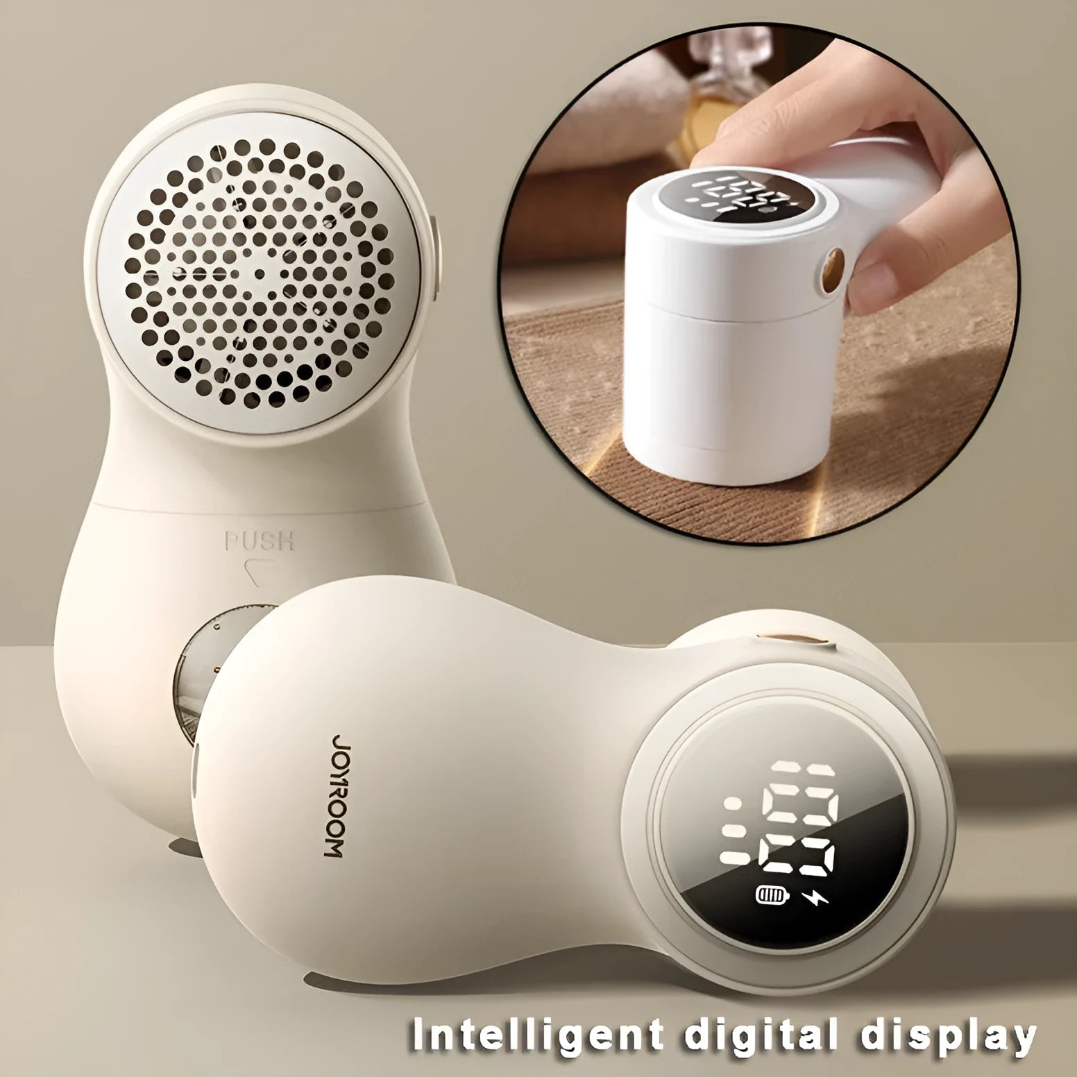White electric lint remover with digital display showing six stainless steel blades and USB charging port