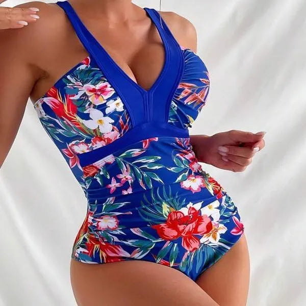 Women's floral pattern backless one-piece swimsuit in spandex-polyester fabric for swimming