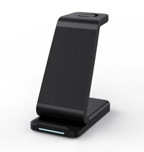 Adjustable three-in-one wireless charging station for smartphones, tablets, and smartwatches with space-saving and safety features