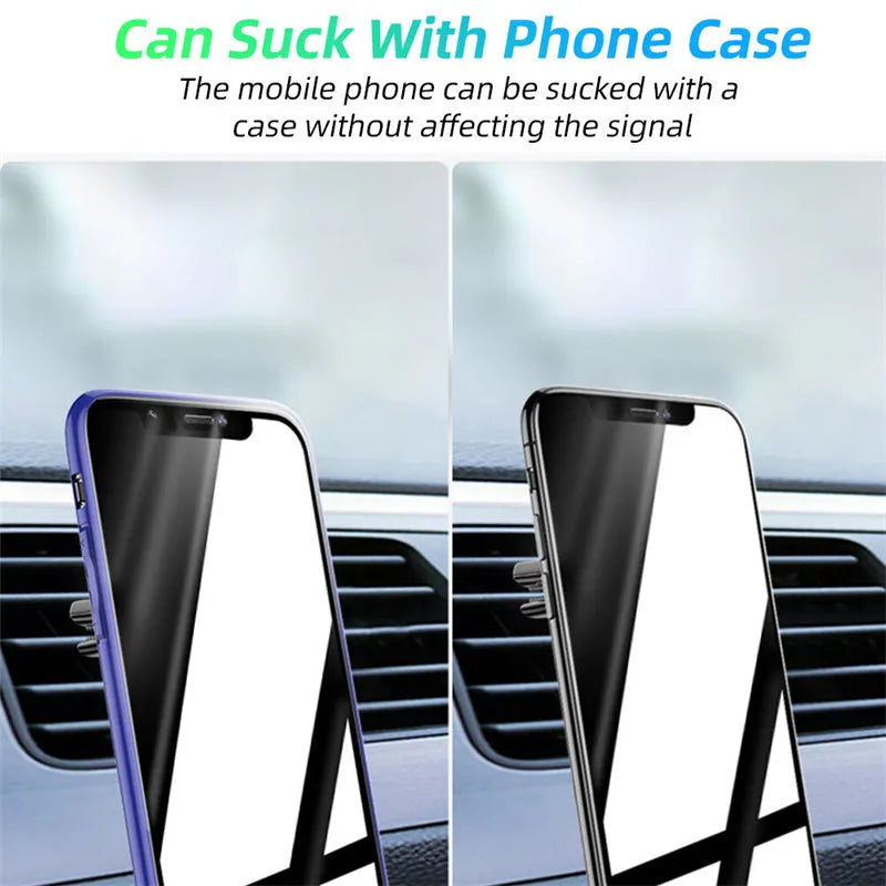Black magnetic car phone holder attached to air vent with phone mounted and fragrance slice visible