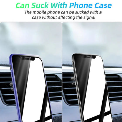 Black magnetic car phone holder attached to air vent with phone mounted and fragrance slice visible