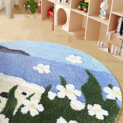 Round blue children's carpet with cartoon snow mountain and Hailang graphic on polyester fabric.