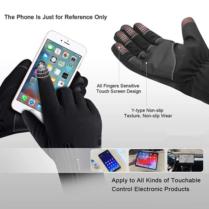 Winter cycling gloves in black or grey with touchscreen fingertips, anti-skid grip, waterproof windproof fabric, sizes M to XXL