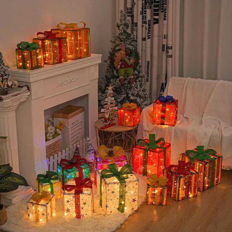 Lighted Christmas Gift Boxes with Colorful LED Lights and Bows for Festive Outdoor Decor