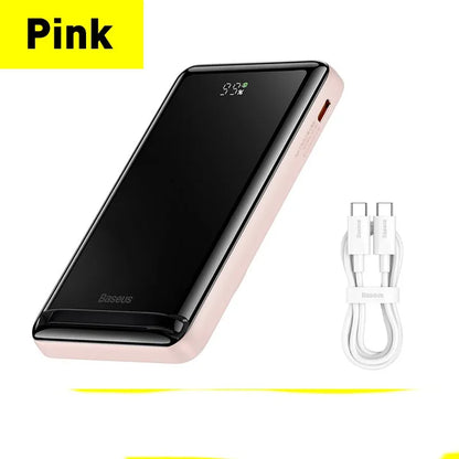 Slim 3-in-1 magnetic power bank in blue, white, or pink with wireless charging capability