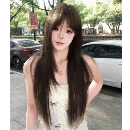 Brown-black high-temperature fibre wig with seven-piece volume-enhancing construction and wear-free hair net