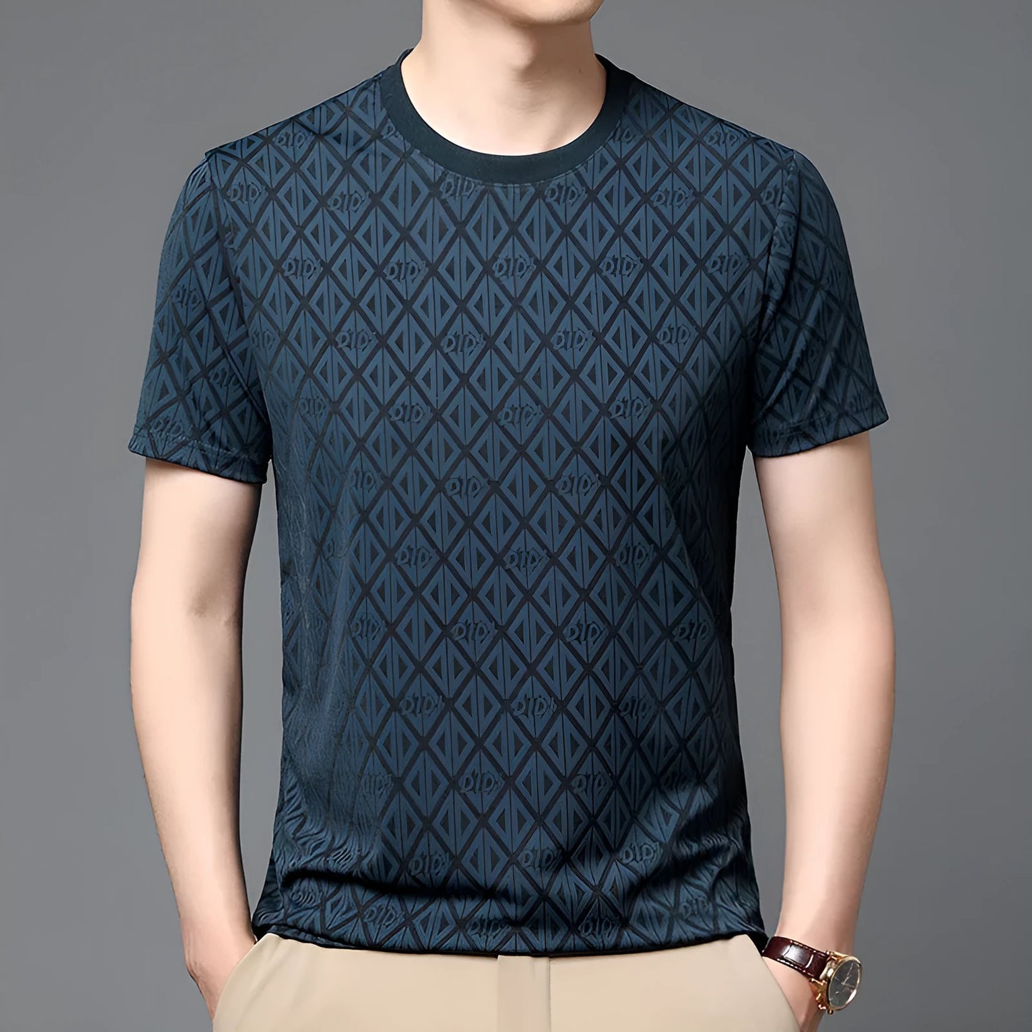 Men's loose fit round neck short sleeve t-shirt in ice silk fabric, shown in a solid colour.