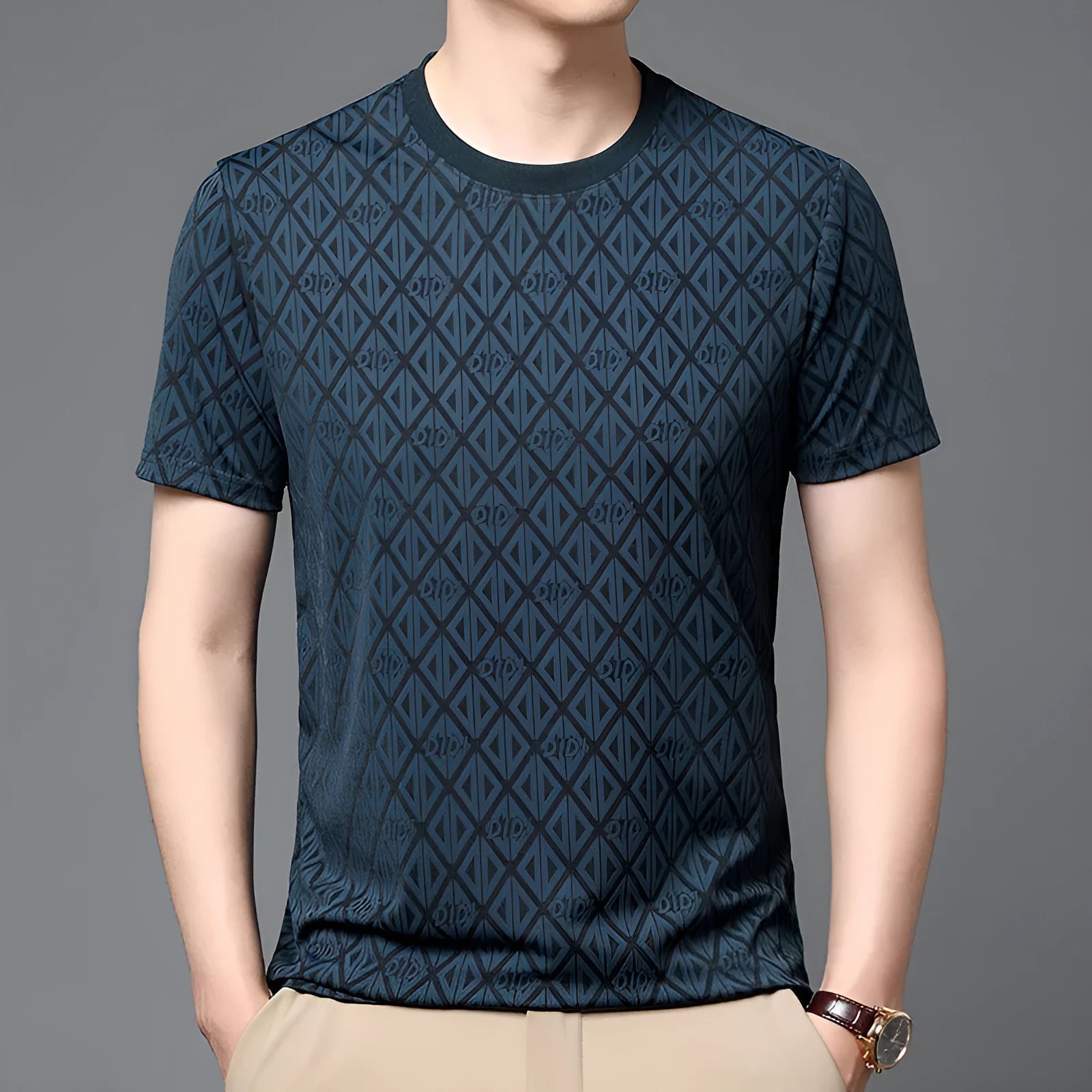 Men's loose fit round neck short sleeve t-shirt in ice silk fabric, shown in a solid colour.