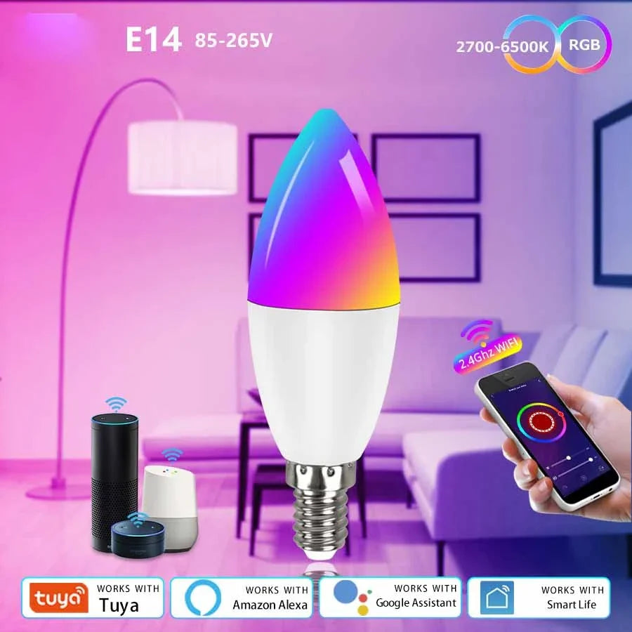 Dimmable RGB LED smart light bulb with voice control and 16 million colour options for home decor