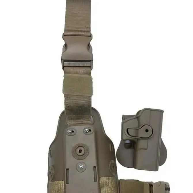 Green tactical leg holster with plastic quick-pull waist plate for attaching a hydration pack.