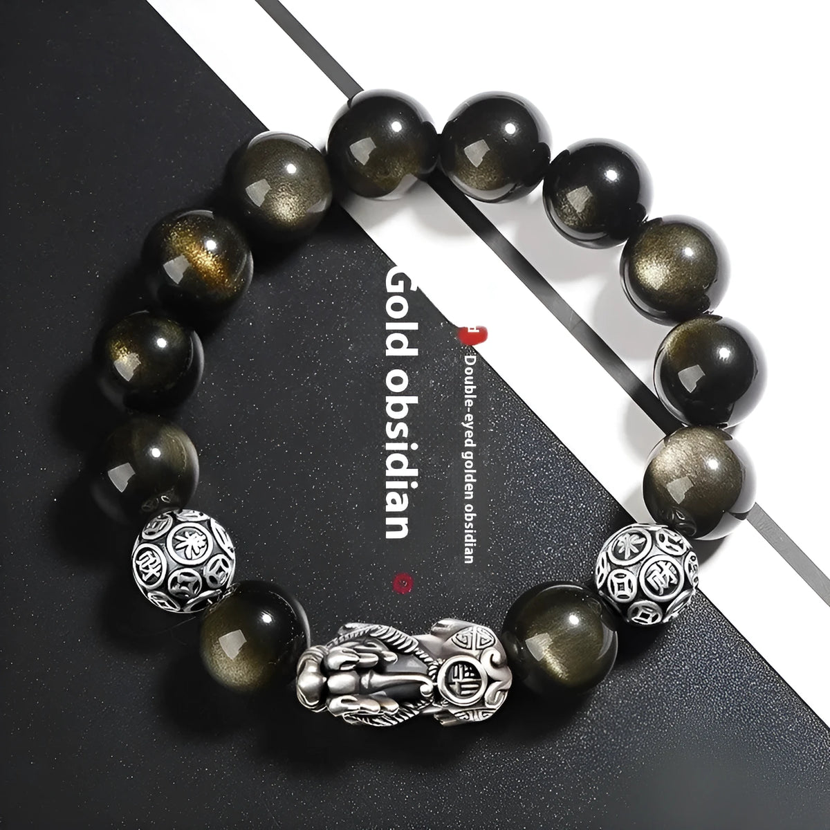 Men's S999 sterling silver and obsidian bracelet with leather strap in geometric design.