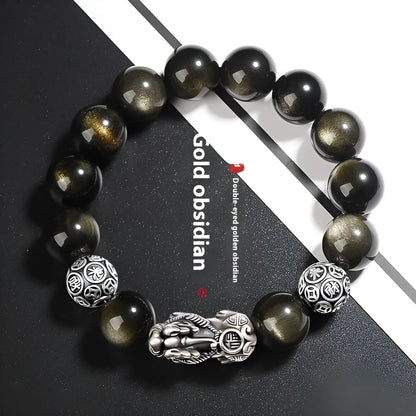 Men's S999 sterling silver and obsidian bracelet with leather strap in geometric design.