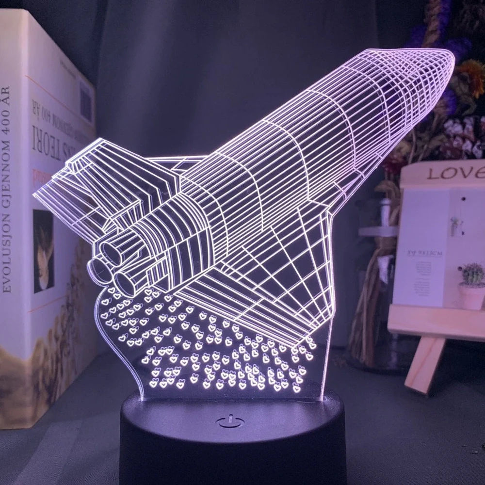 Custom 3D aeroplane hologram night light with personalised name, showing optical acrylic panel and ABS base