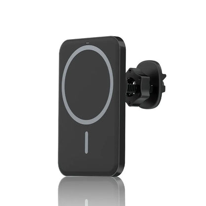 Black car magnetic wireless charging bracket mounted on air vent with phone attached